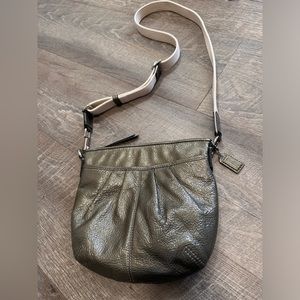 Coach Patent Leather Metallic Grey Crossbody w/ Canvas Straps & Turquoise Lining